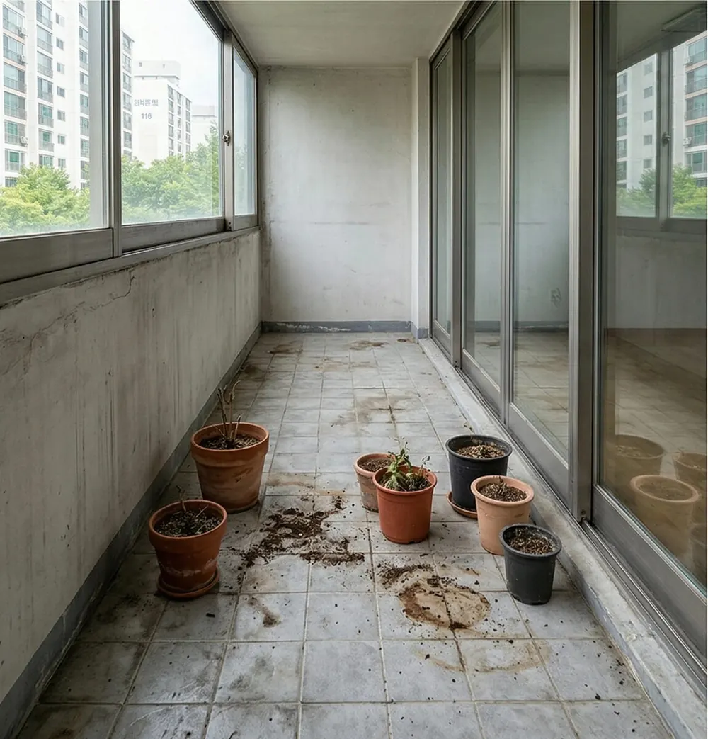 타일 바닥에 화분이 놓인 베란다 데크 시공 전